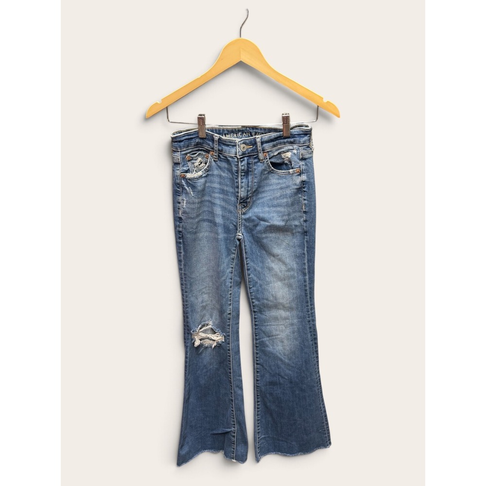 American Eagle Super Hi-Rise Flare Jeans Distressed Blue Stretch Denim Size 00